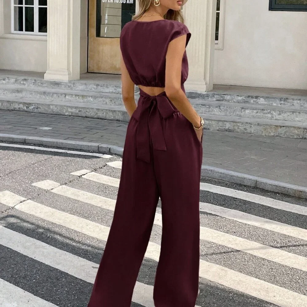 Burgundy Casual Women's Cropped Top and Pants Set